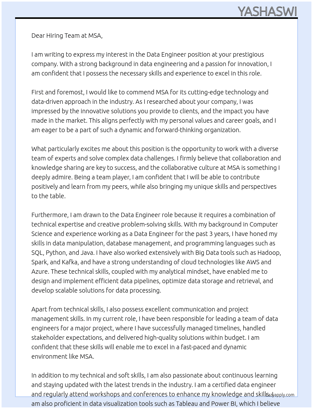 Data engineer At MSA Cover Letter