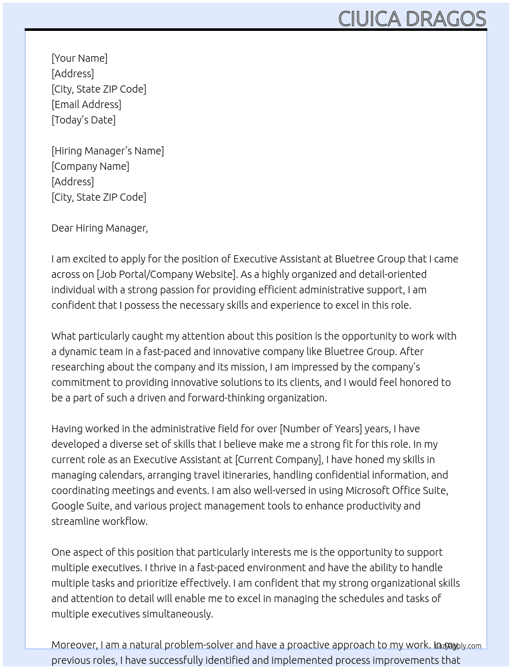 Executive assistant At Bluetree Group Cover Letter