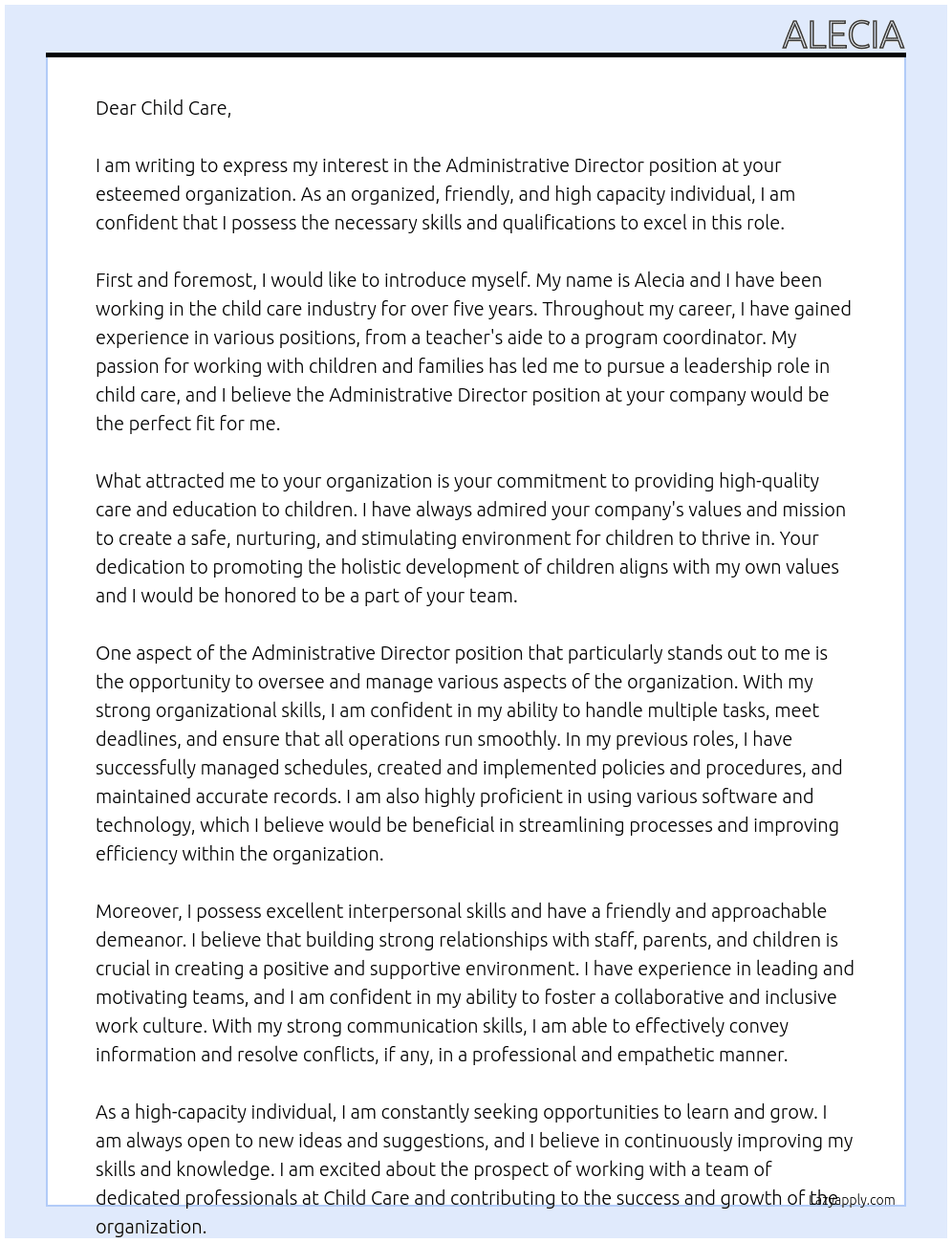 Administrative Director At Child CAre Cover Letter