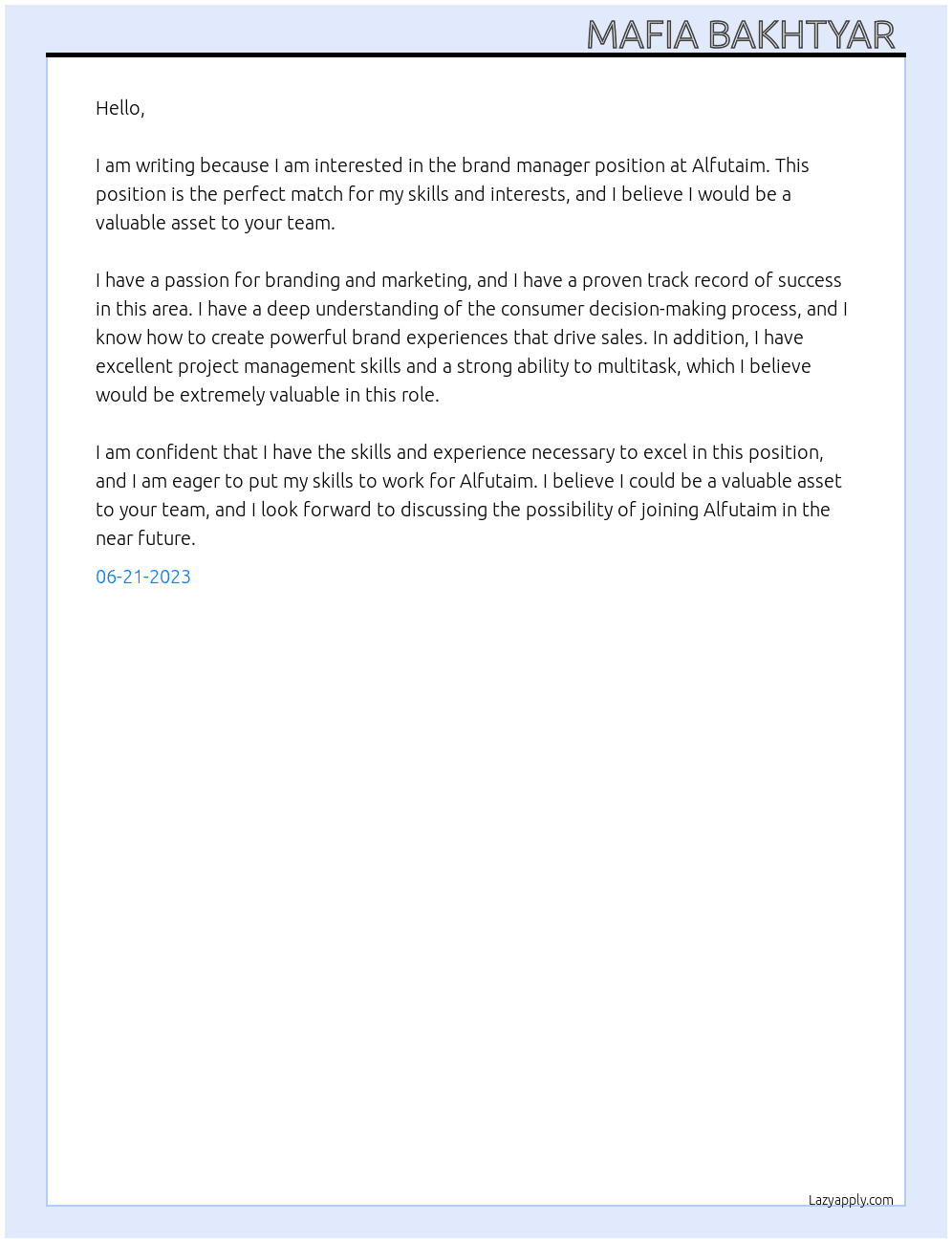 Brand manager  At Alfutaim  Cover Letter