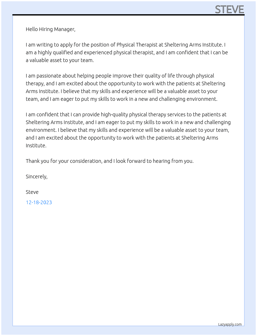 Physical Therapist At Sheltering Arms Institute Cover Letter