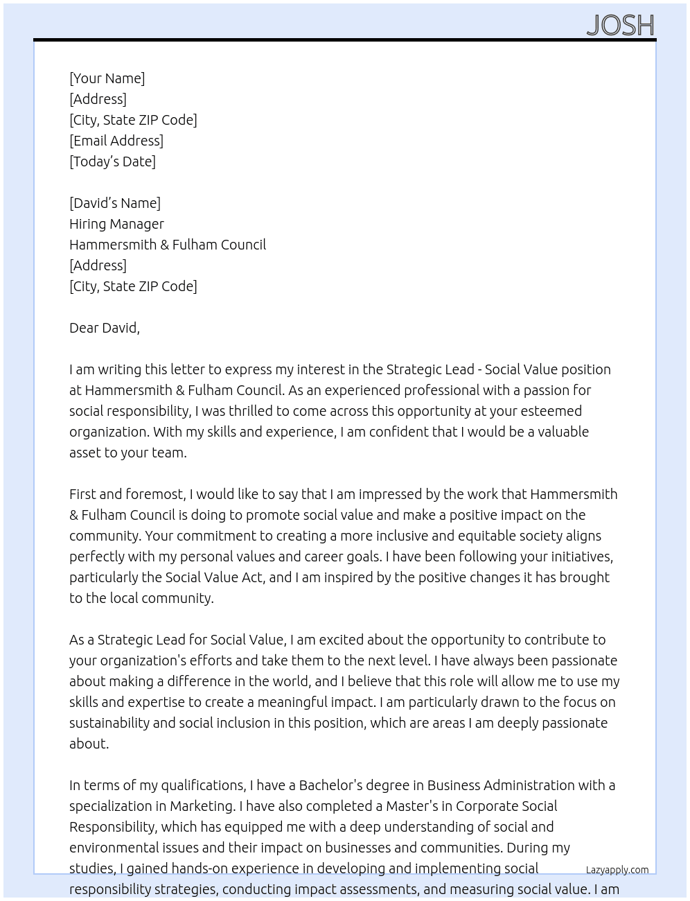 Strategic Lead - Social Value At Hammersmith & Fulham Council Cover Letter