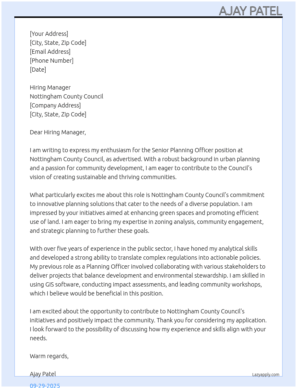 Senior planning officer At Nottingham County Council Cover Letter