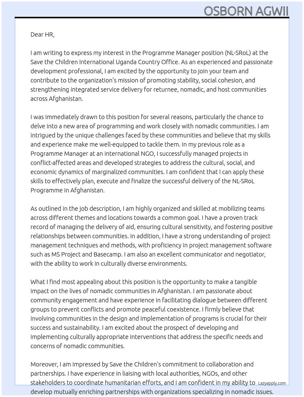 Programme Manager (NL-SRoL) At Save the Children International Uganda Country Office Cover Letter