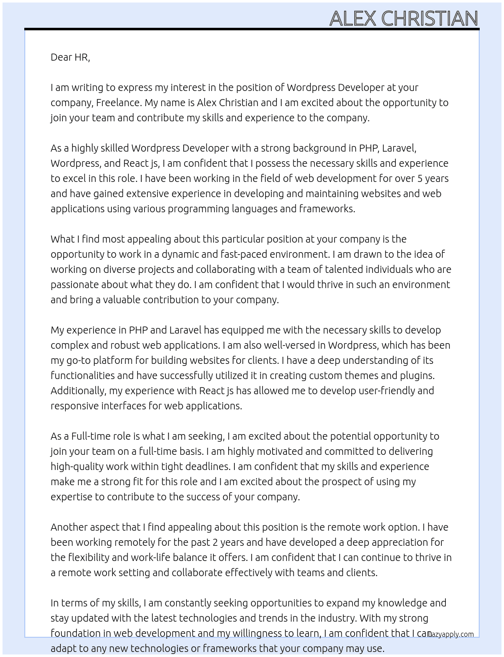 Wordpress Developer At freelance Cover Letter