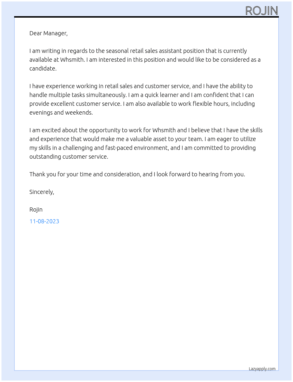 Seasonal retail sales assistant At Whsmith Cover Letter