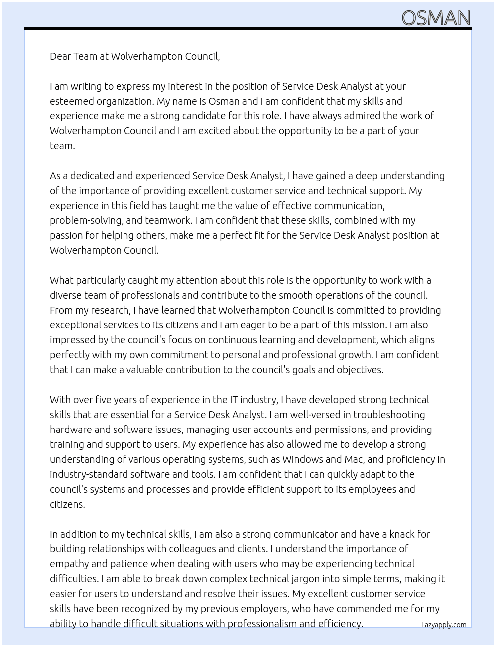 Service desk analyst  At Wolverhampton council Cover Letter