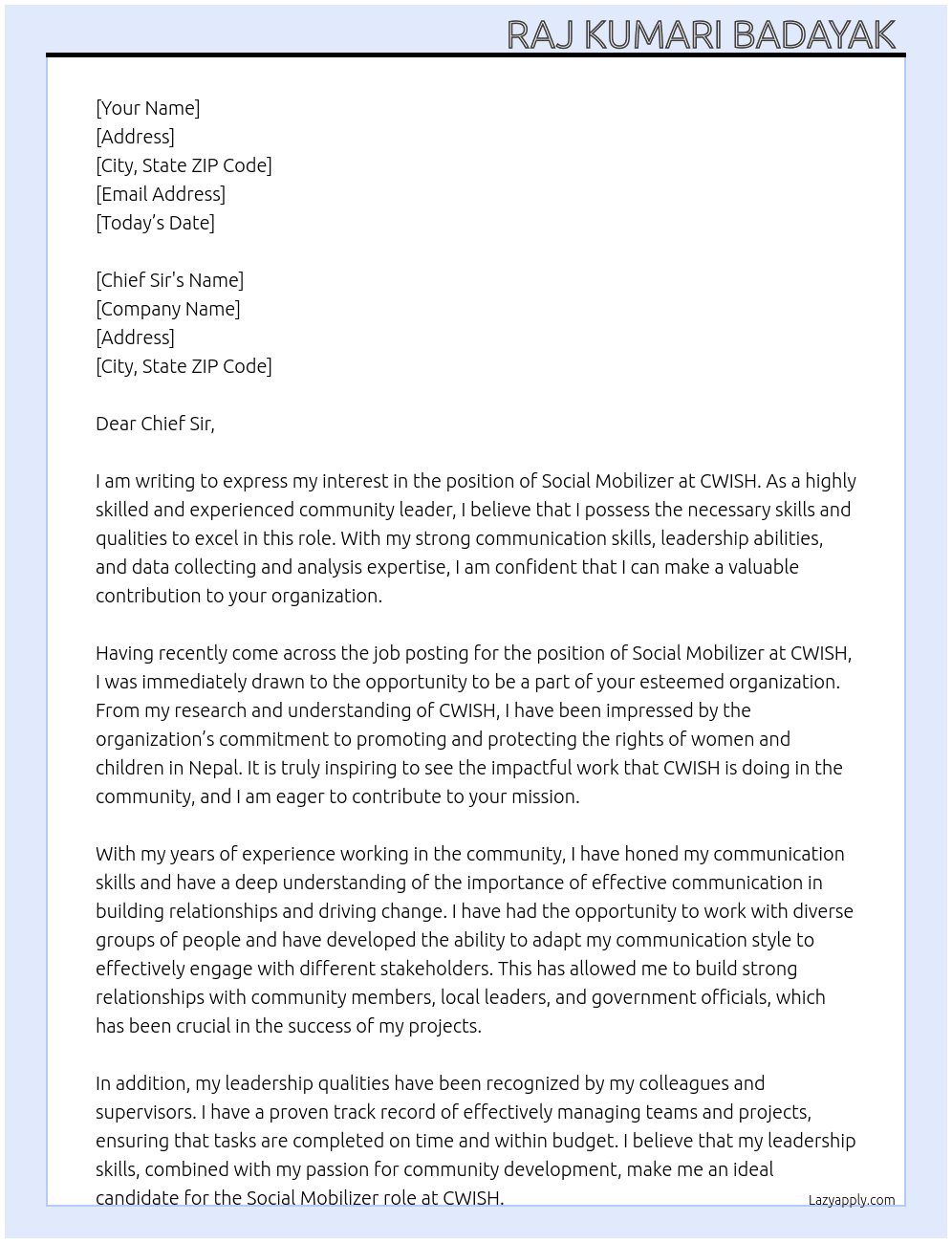 Social movilizer At CWISH Cover Letter