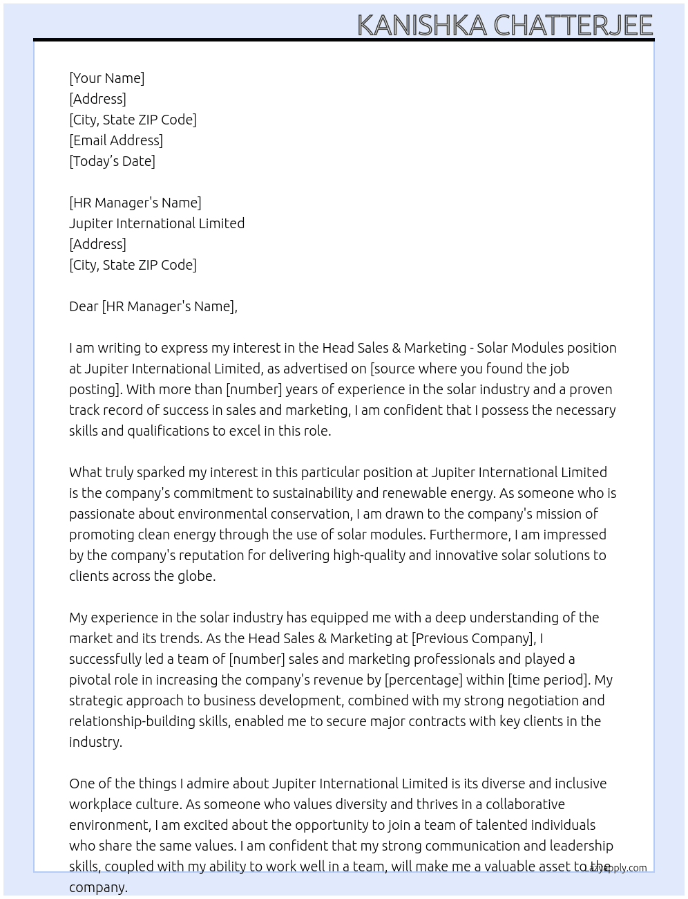 Head Sales & Marketing - Solar Modules At Jupiter International Limited Cover Letter