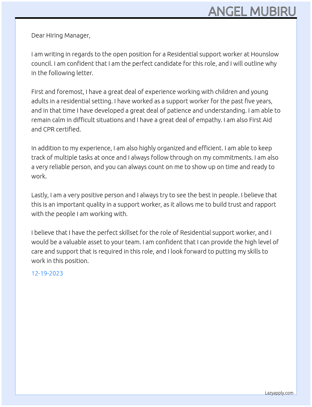 Residential support worker At Hounslow council Cover Letter
