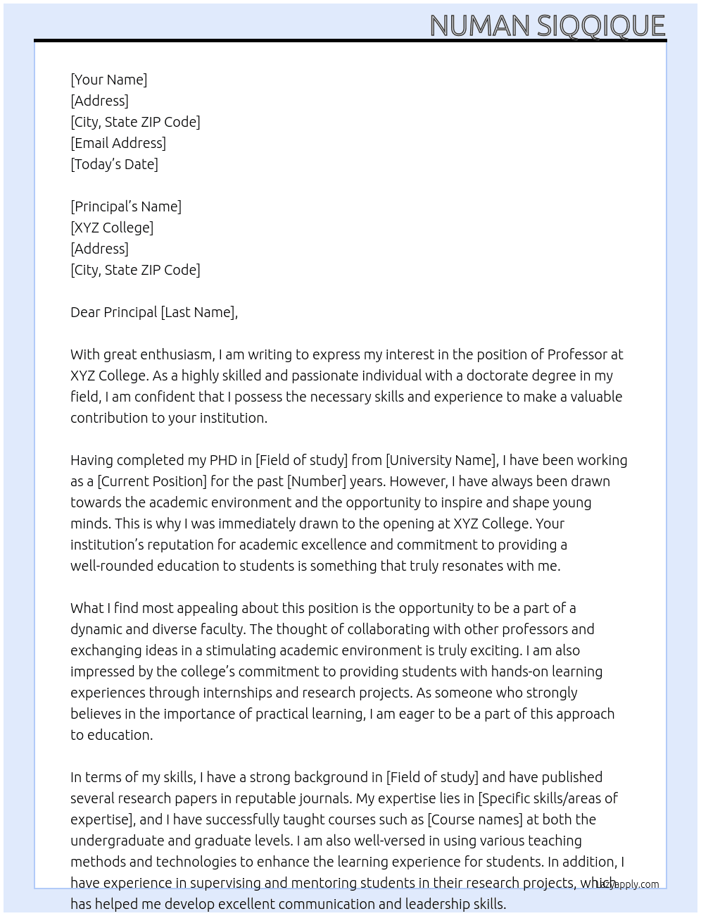 Professor At XYZ College Cover Letter