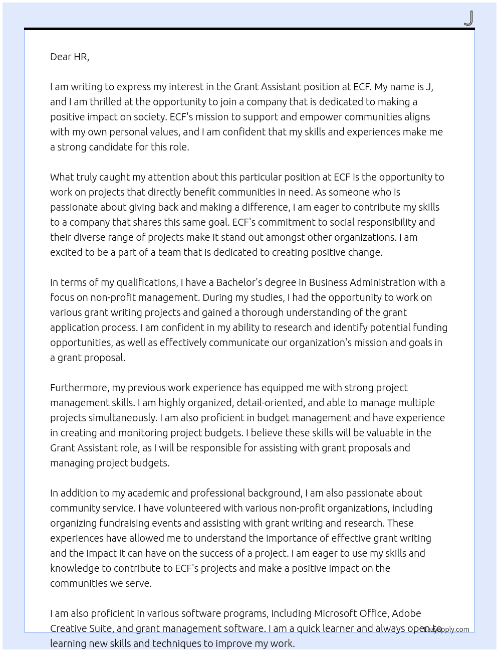 grant assisstant At ecf Cover Letter