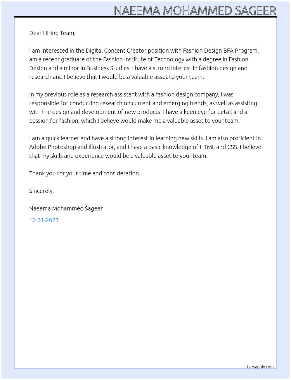 Digital Content Creator At Fashion Design BFA Program Cover Letter