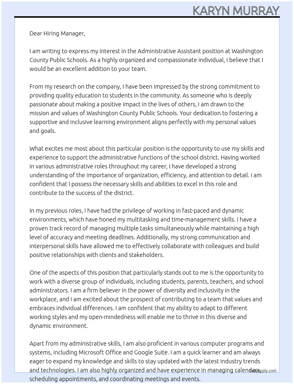 Administrative Assistant At Washington County Public Schools Cover Letter