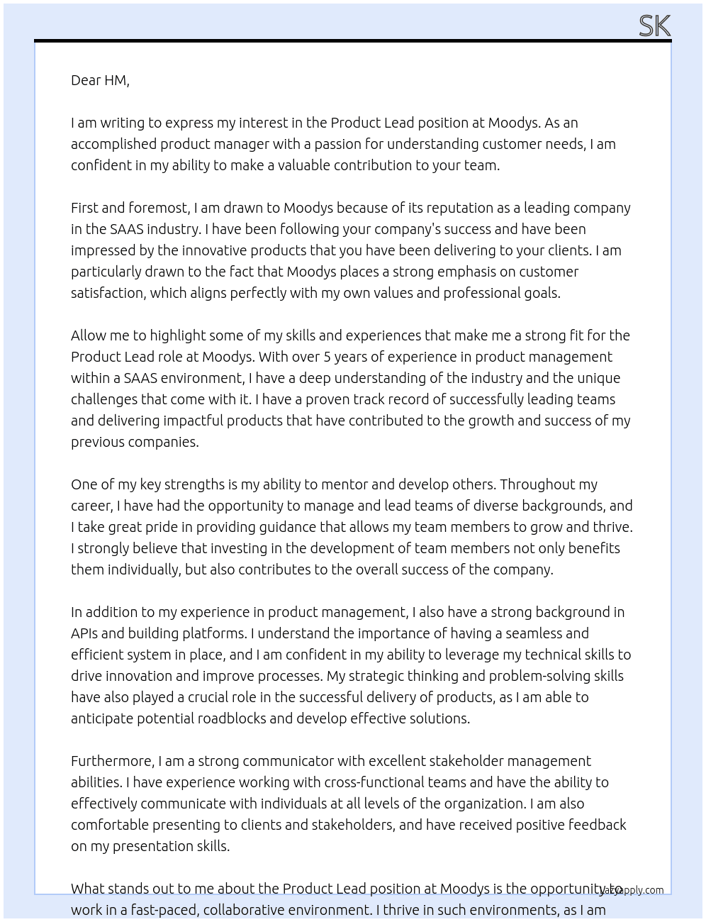 Product Lead At Moodys Cover Letter