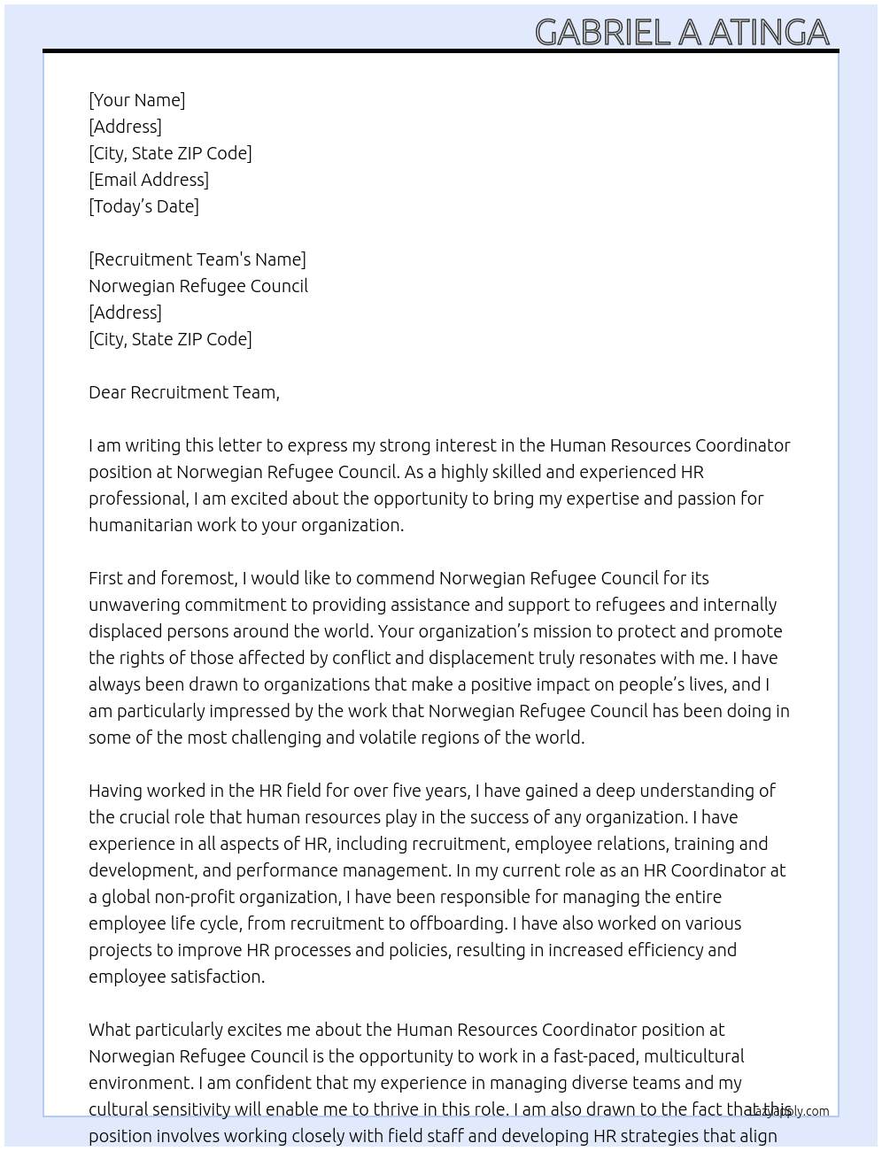 Human resources coordinator  At Norwegian Refugee Council Cover Letter