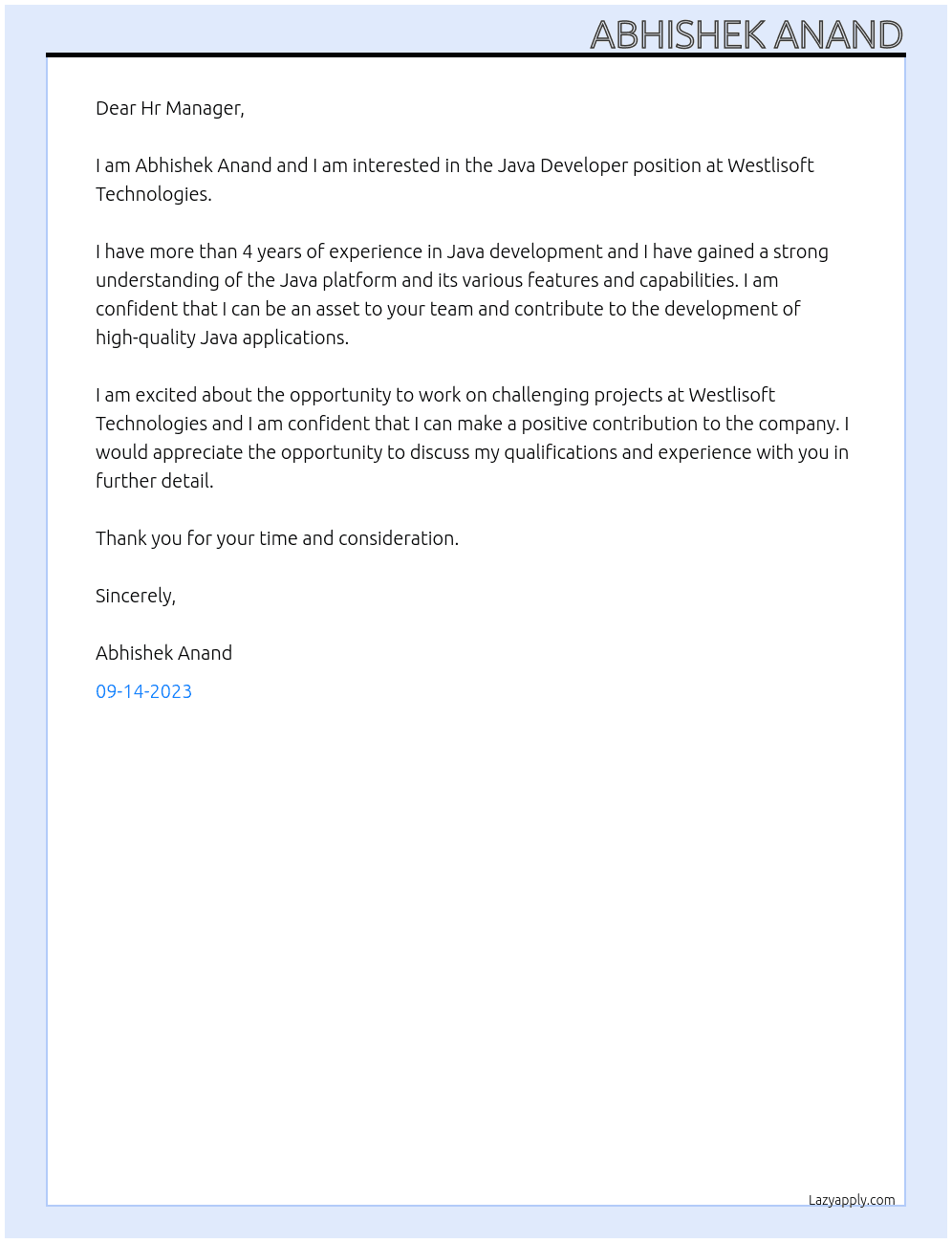 Java Developer At Westlisoft Technologies Cover Letter
