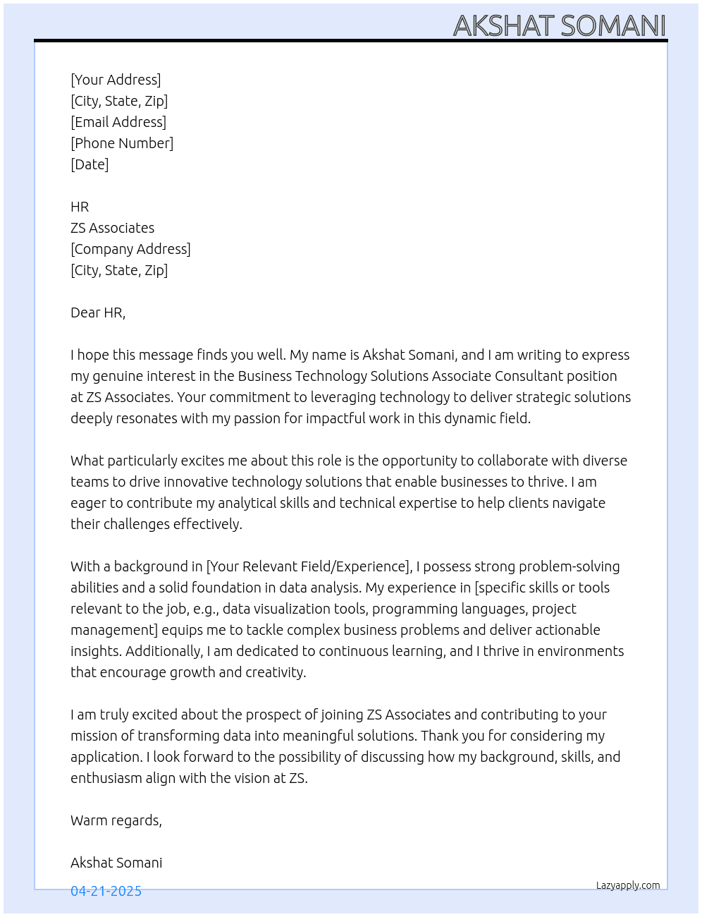 Business Technology Solutions Associate Consultant At ZS associates Cover Letter