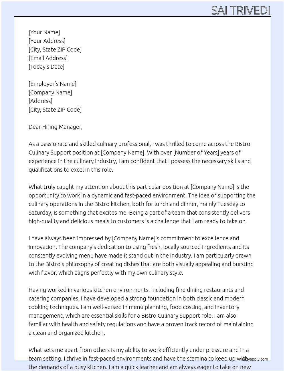 Bistro Culinary Support At bistro Cover Letter