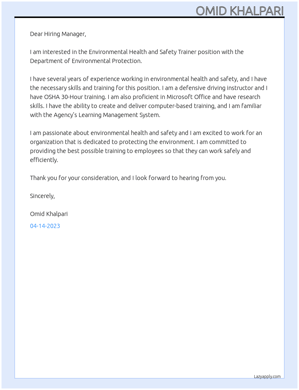 Environmental Health and Safety Trainer At Department of Environmental Protection Cover Letter