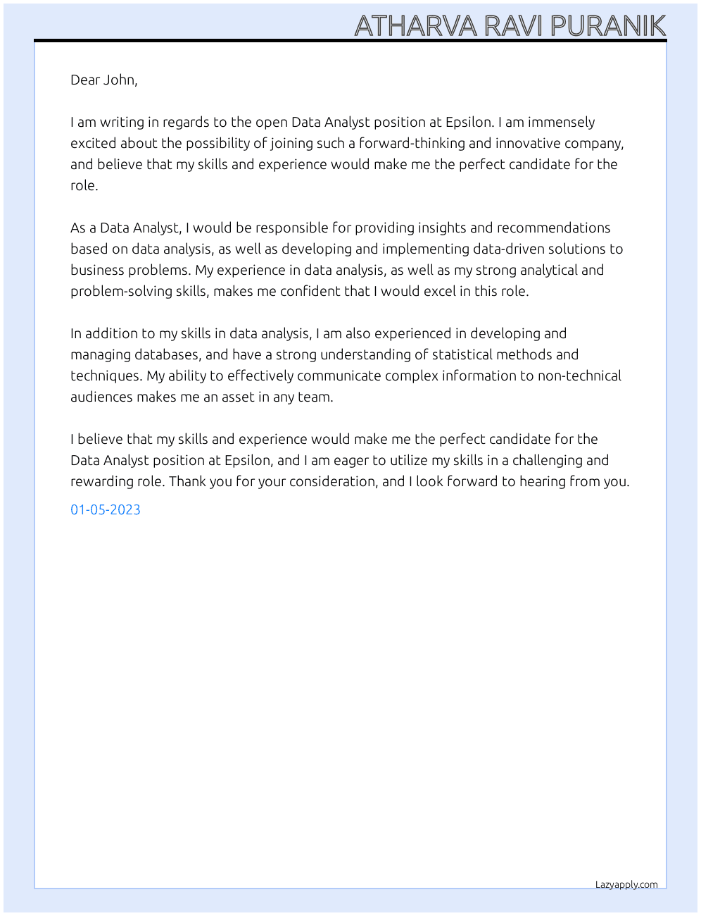 Data Analyst At Epsilon Cover Letter
