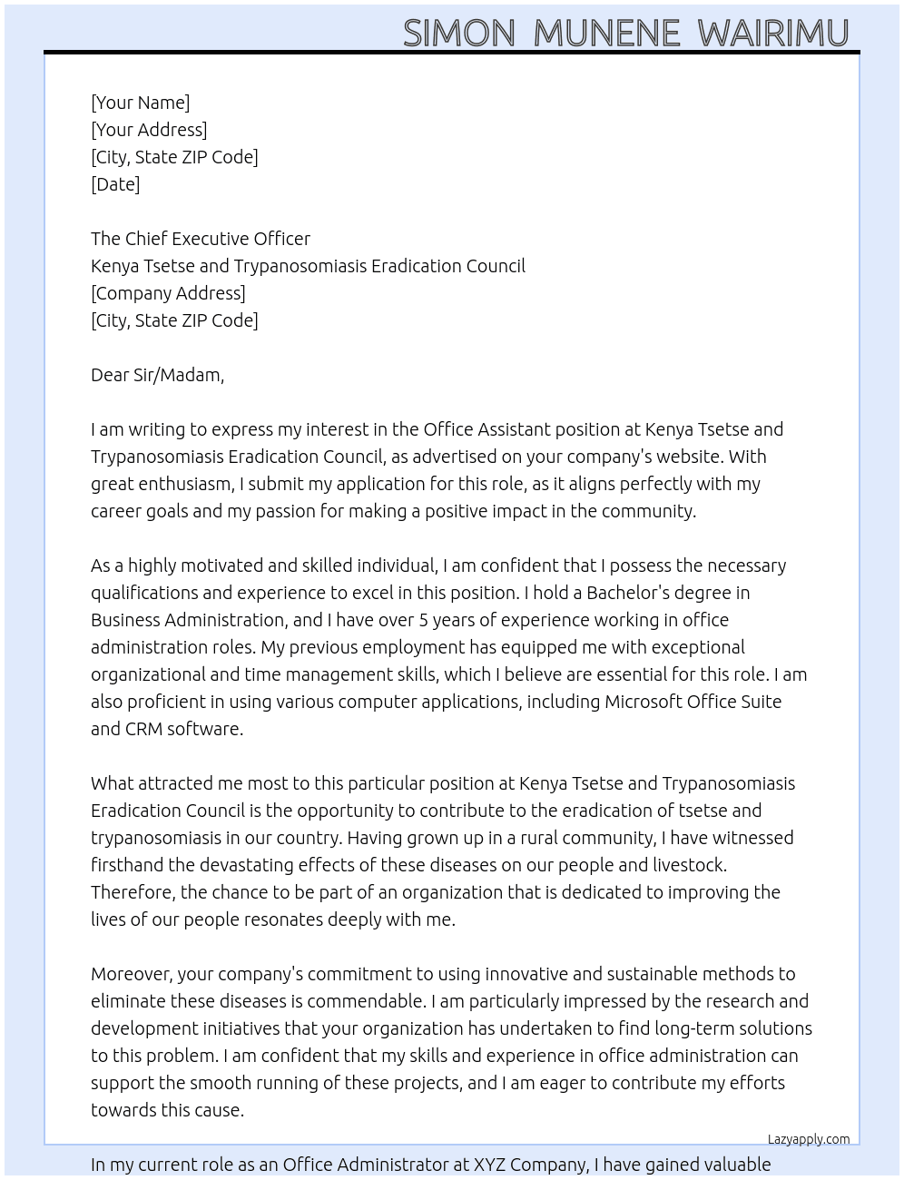 Office Assistant  At Kenya Tsetse and Trypanosomiasis Eradication Council Cover Letter