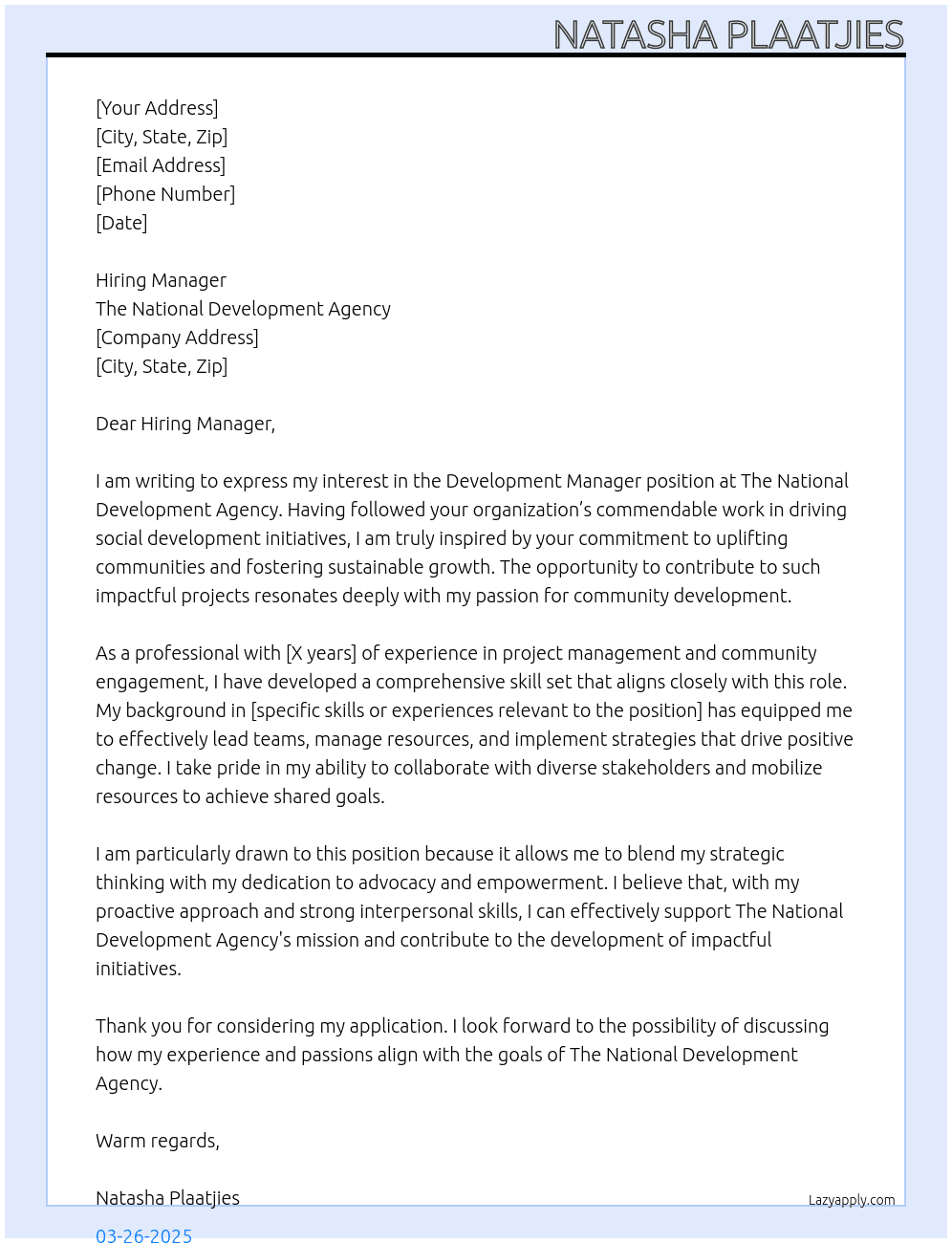 Development Manager At The National Development Agency Cover Letter