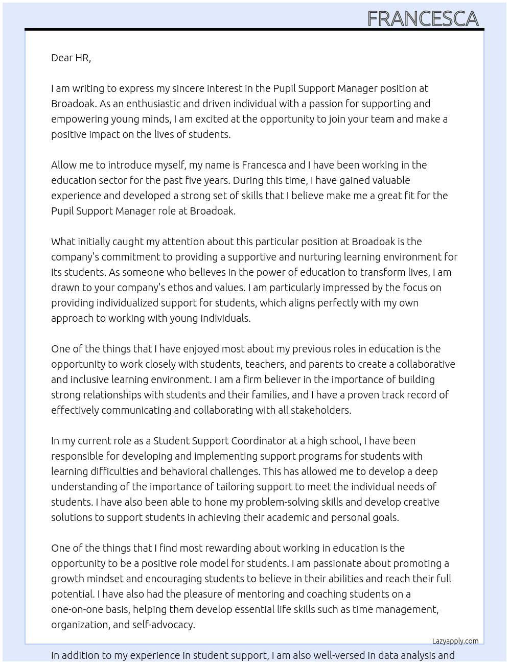Pupil support manager At Broadoak Cover Letter