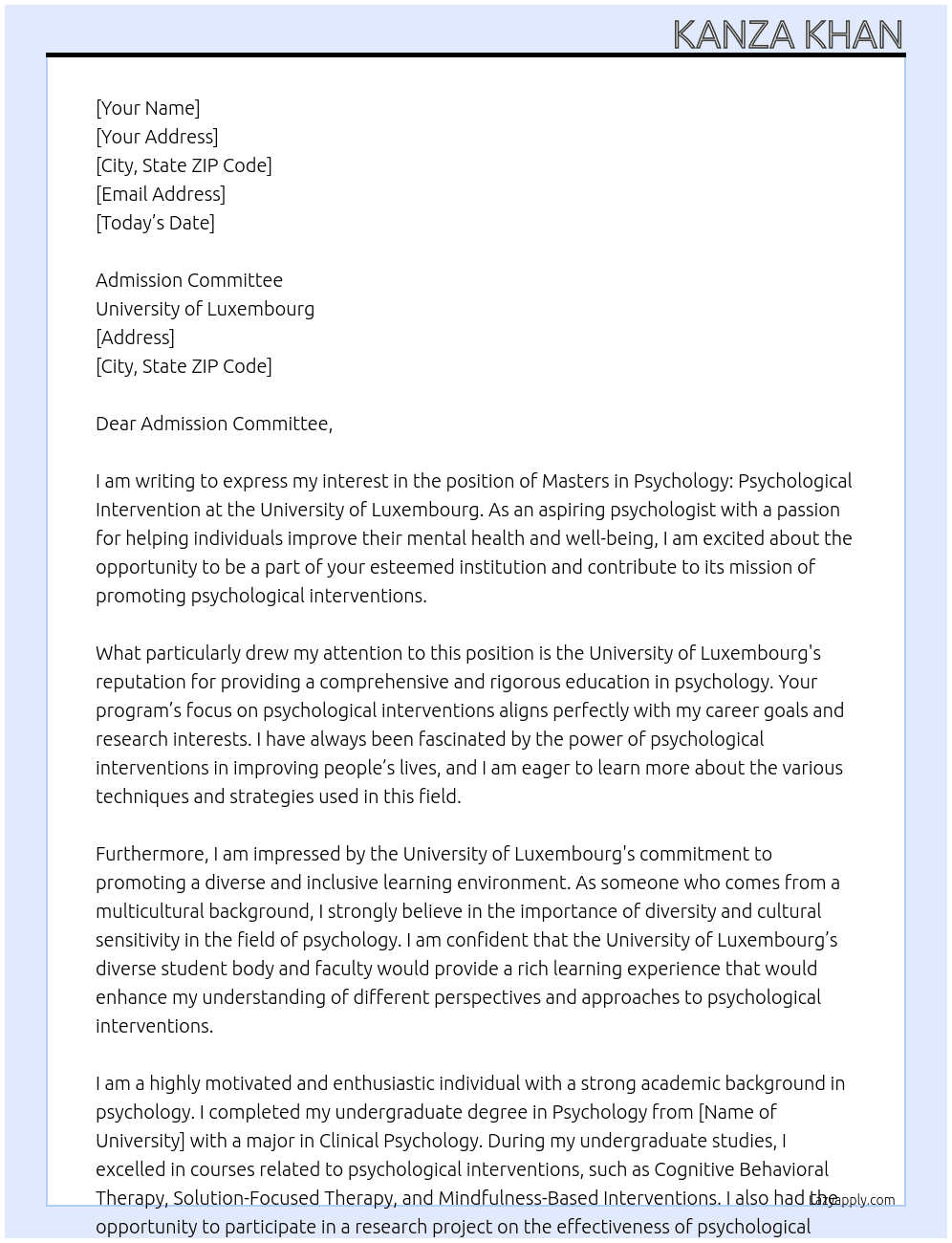 Masters in Psychology: Psychological Intervention  At University of Luxembourg  Cover Letter