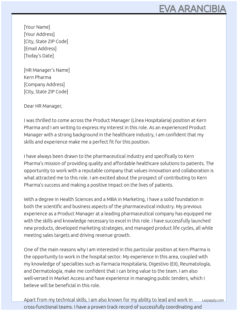 Product Manager (Línea Hospitalaria) At Kern Pharma Cover Letter