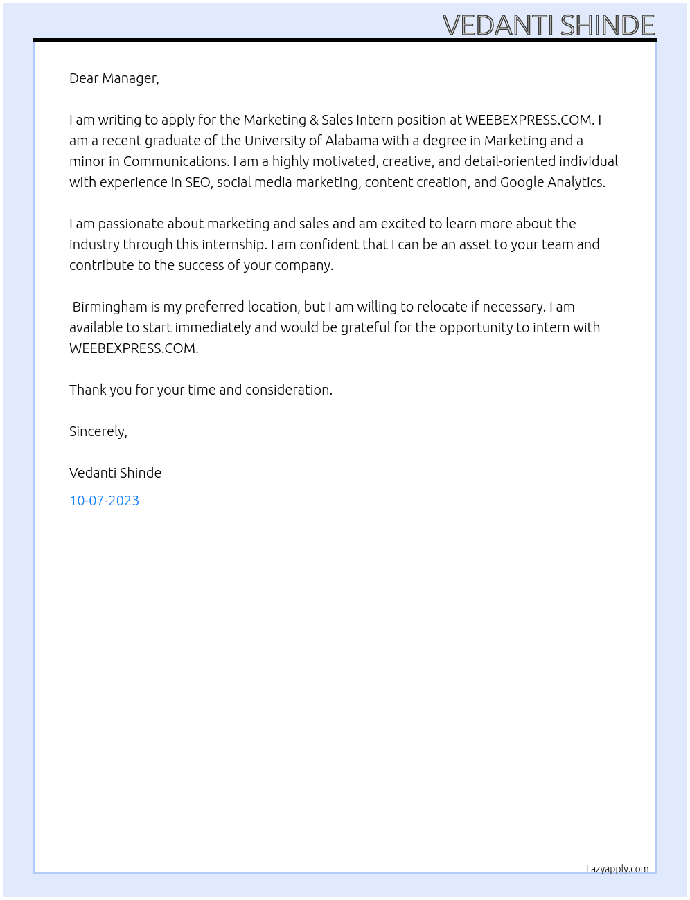 MARKETING & SALES INTERN At WEEBEXPRESS.COM Cover Letter