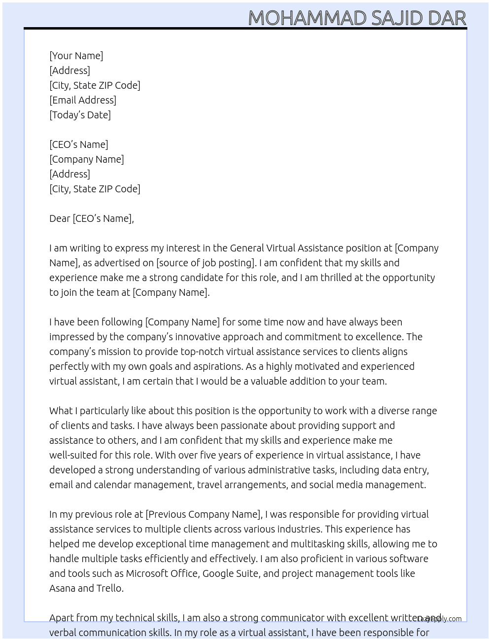 General Virtual Assistance At xyz Cover Letter