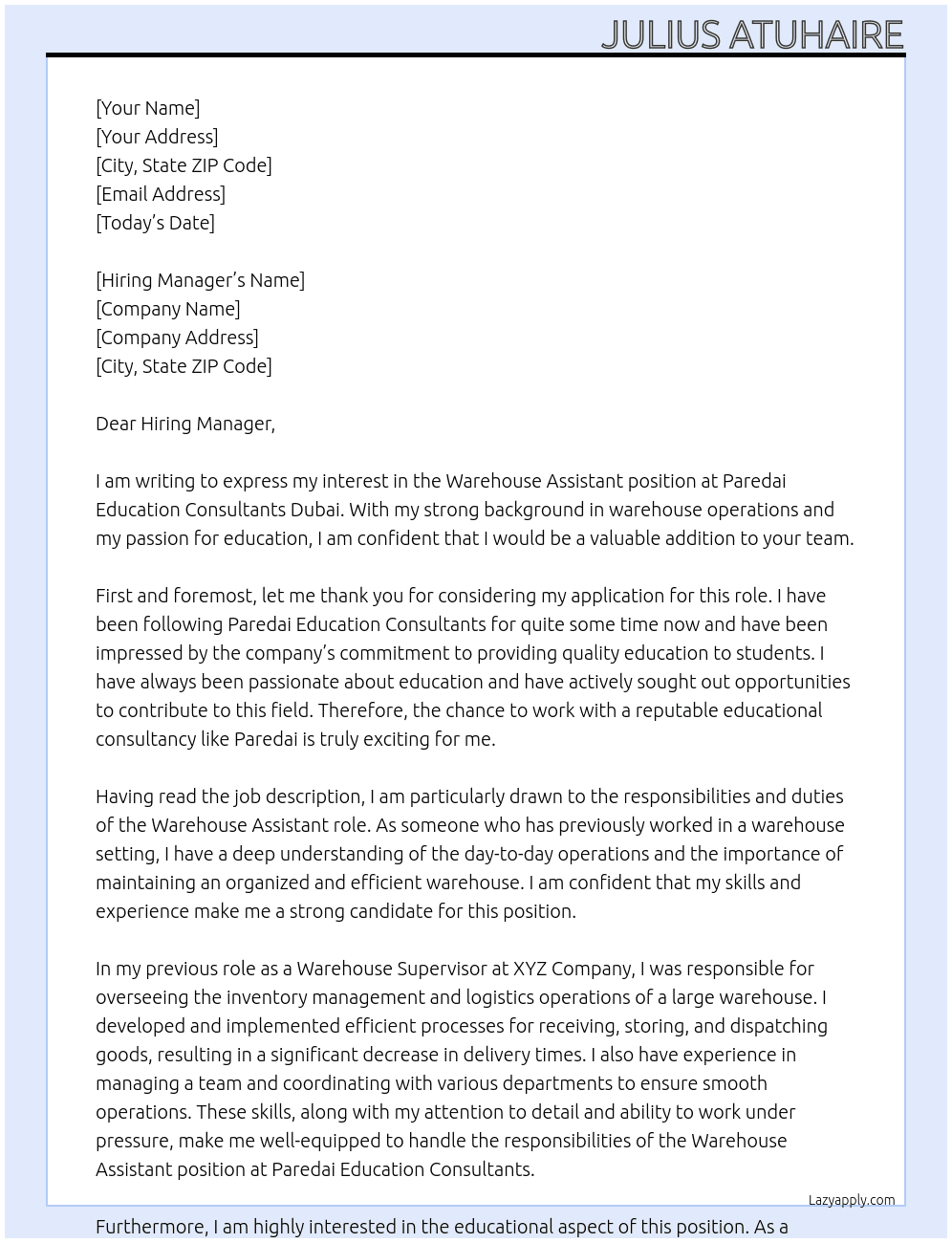 Warehouse Assistant At Paredai Education Consultants Dubai Paredai Education Consultants Cover Letter