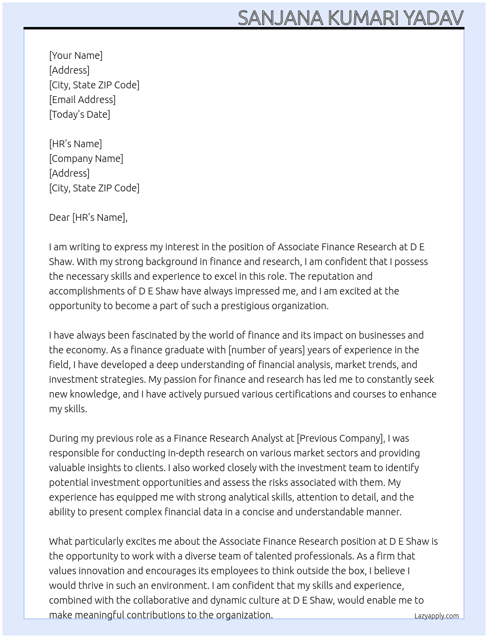 Associate Finance research At D E Shaw Cover Letter
