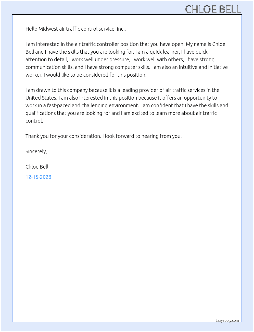 Air traffic controller At Midwest air traffic control service, inc.  Cover Letter