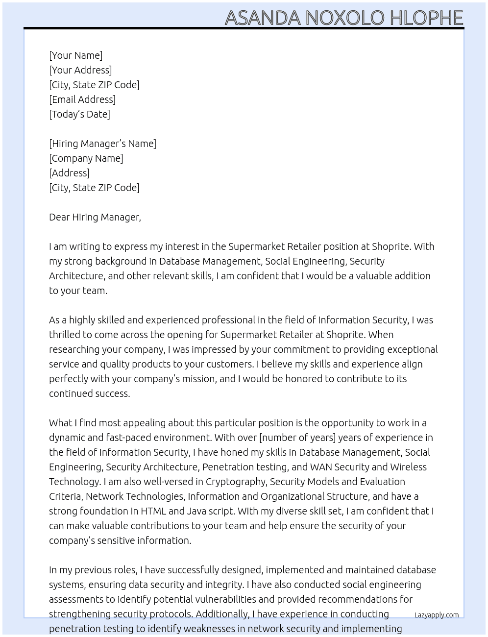 supermarket retailer At Shoprite Cover Letter