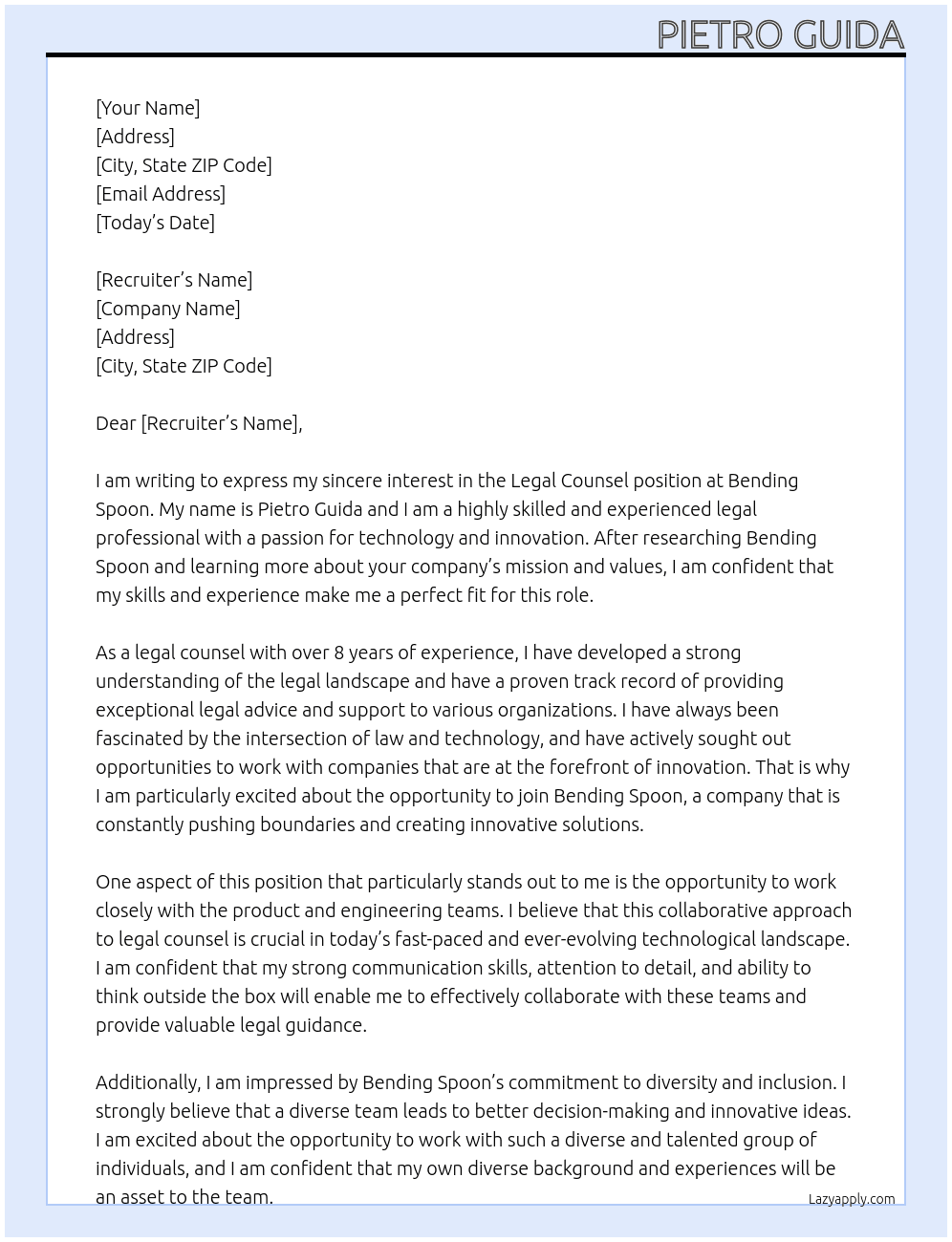 Legal Counsel At Bending Spoon Cover Letter