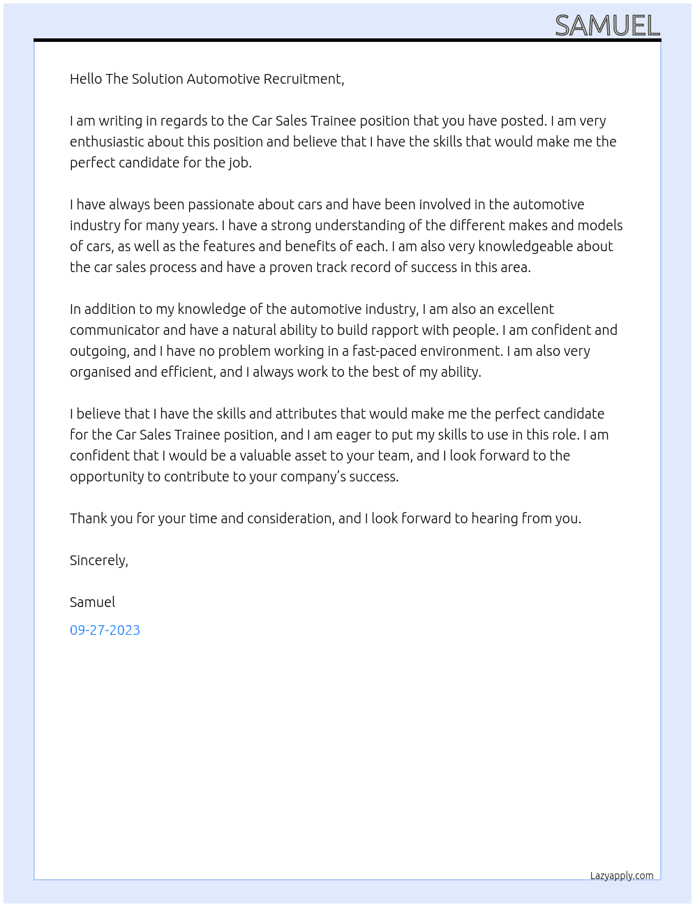 Car Sales Trainee At The Solution Automotive Recruitment Cover Letter