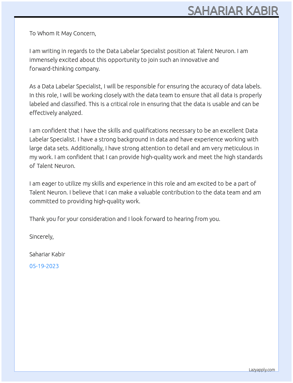 Data labelar specialist At Talent neuron Cover Letter