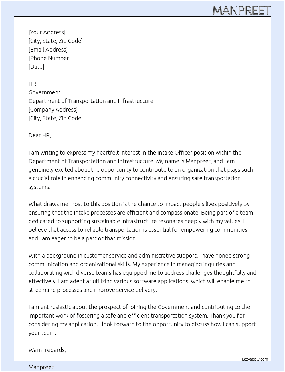 Intake officers department of transportation and infrastructure At Government Cover Letter