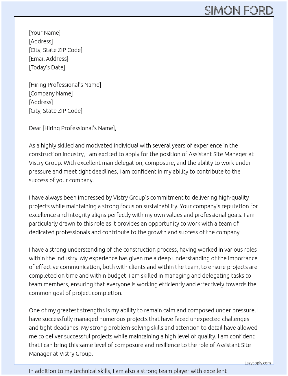 assistant site manager At Vistry Group Cover Letter