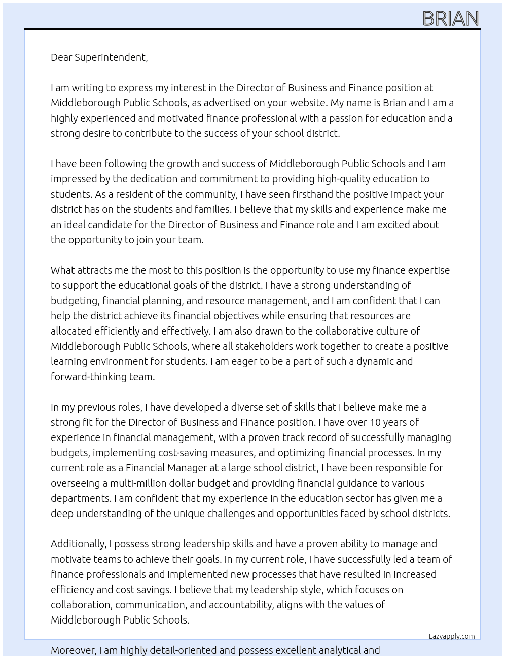 Director of Business and Finance At Middleborough Public Schools Cover Letter