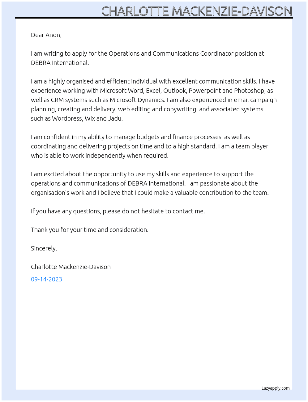 Operations and Communications Coordinator At DEBRA International Cover Letter