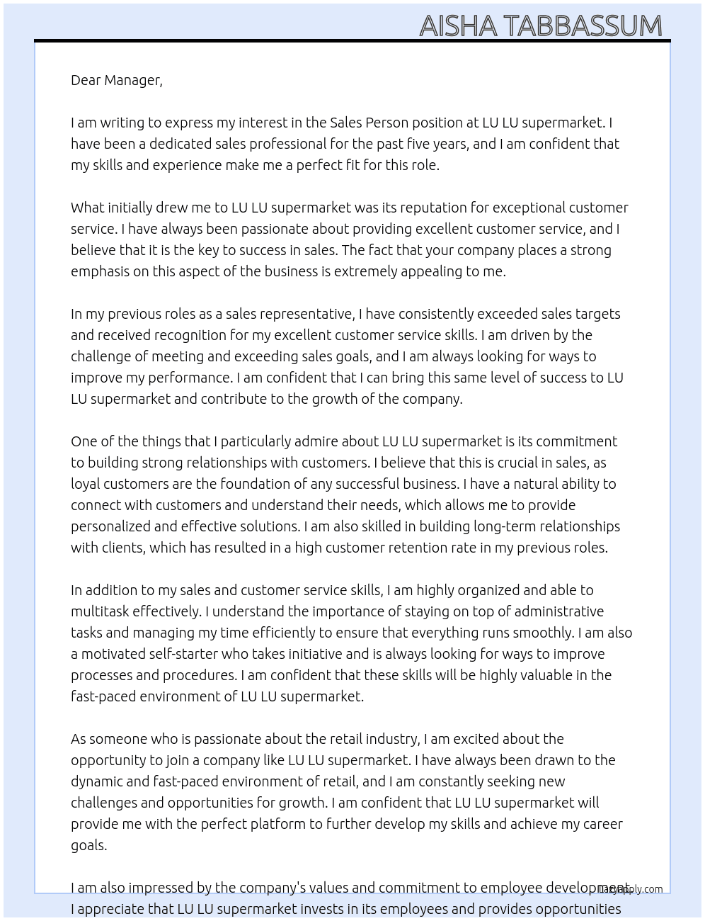 Sales girl  At Lu Lu supermarket  Cover Letter