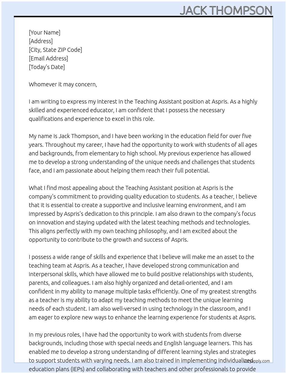 Teaching assistant  At Aspris Cover Letter