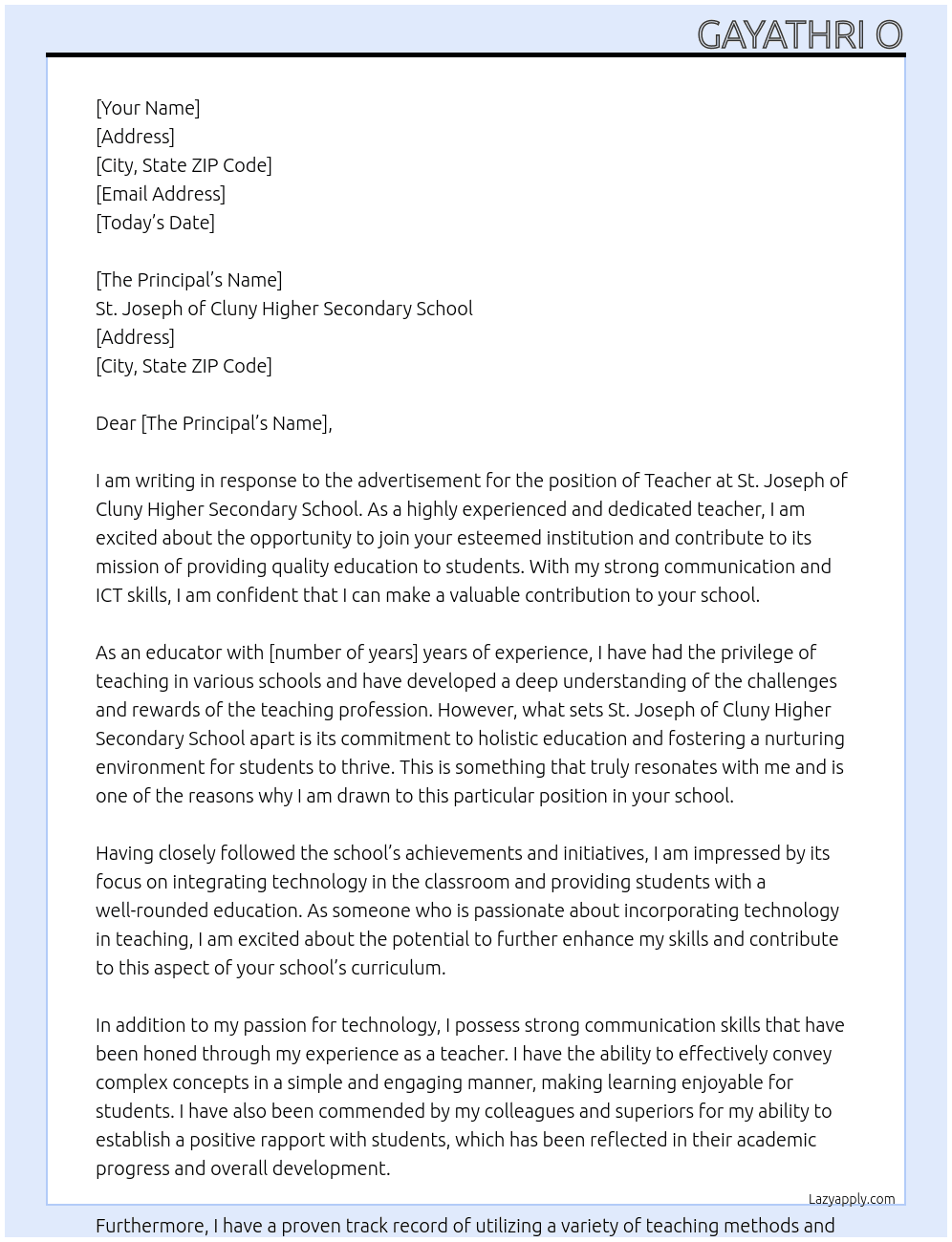 TEACHER At ST JOSEPH OF CLUNY HIGHER SECONDARY SCHOOL  Cover Letter