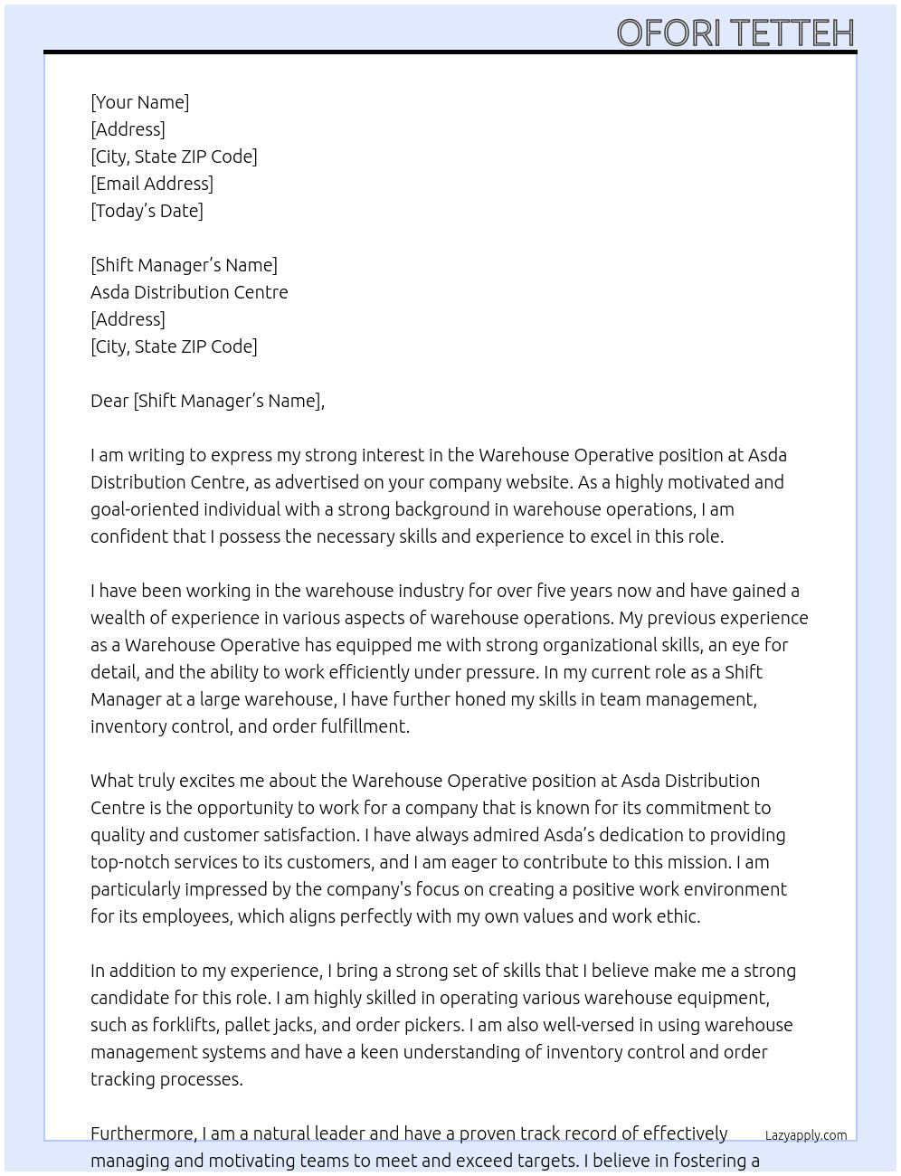 Warehouse operative At Asda distribution centre  Cover Letter