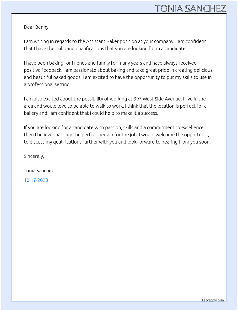 Baking At Assistant Baker Cover Letter