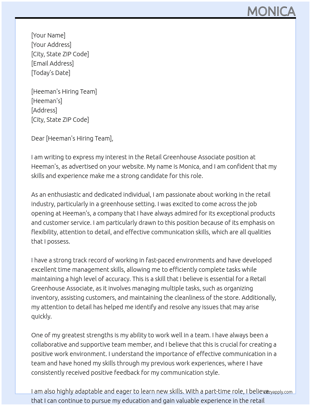 Retail Greenhouse Associate At Heeman's Cover Letter