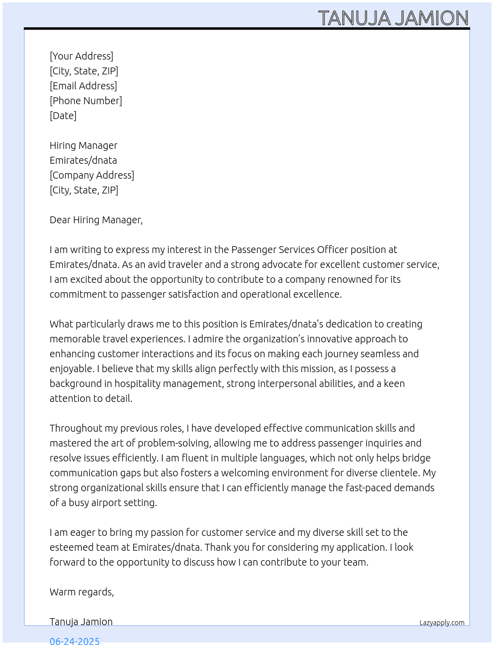 Passenger Services Officer  At Emirates/dnata Cover Letter